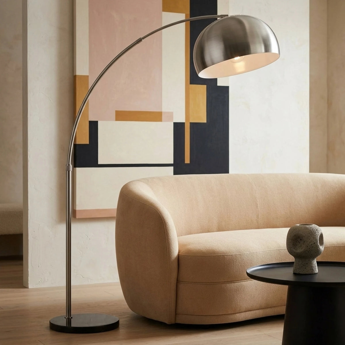 Lampadaire Arc Argenté Tunisie | Grand Dôme & Socle Noir | Fiolla Home