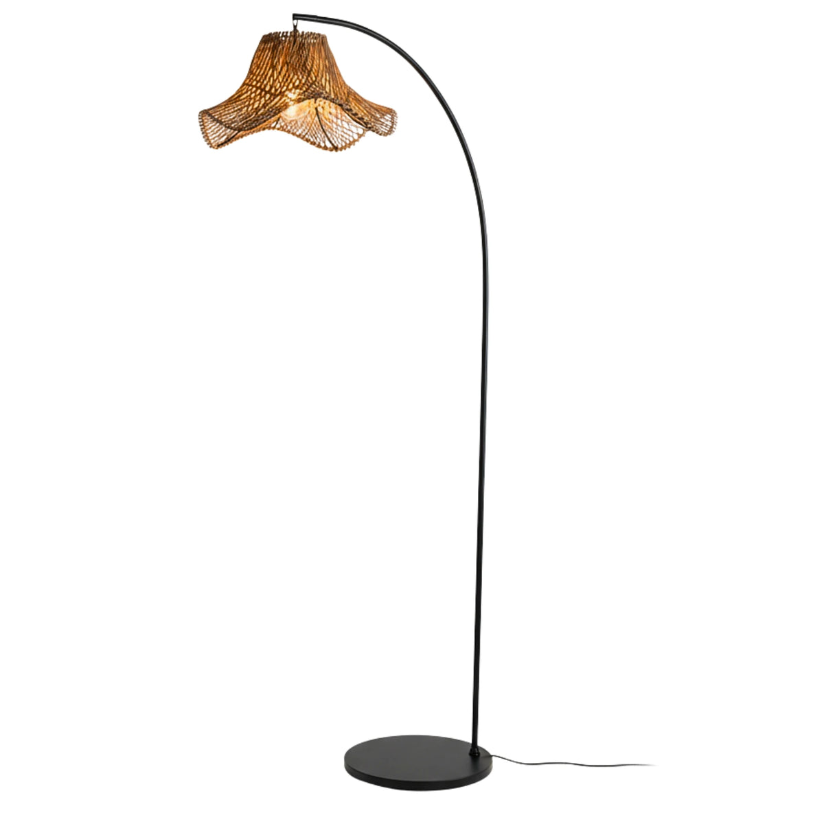 Lampadaire Arc Noir – Abat-jour Rotin Ondulé