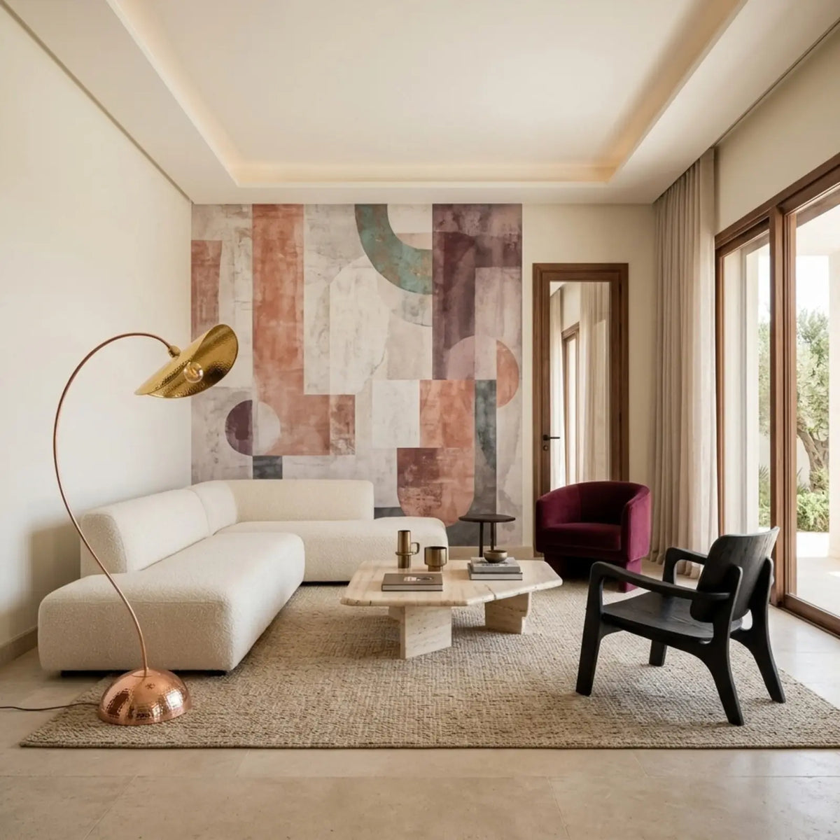 Salon contemporain avec canapé blanc, fauteuil bordeaux et lampadaire arc en cuivre dans l'angle