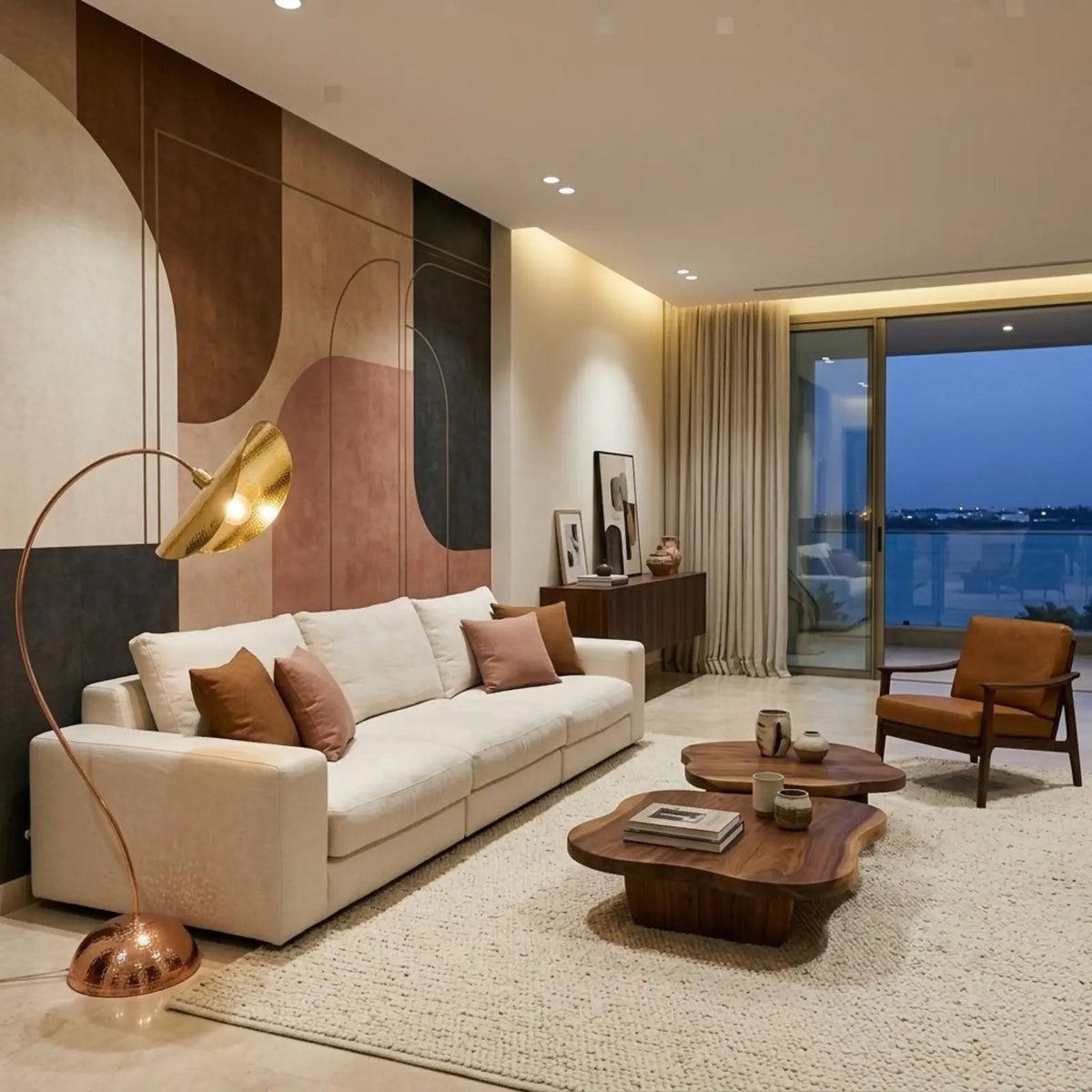 Lampadaire arc allumé dans un salon au crépuscule, canapé blanc et tables basses en bois