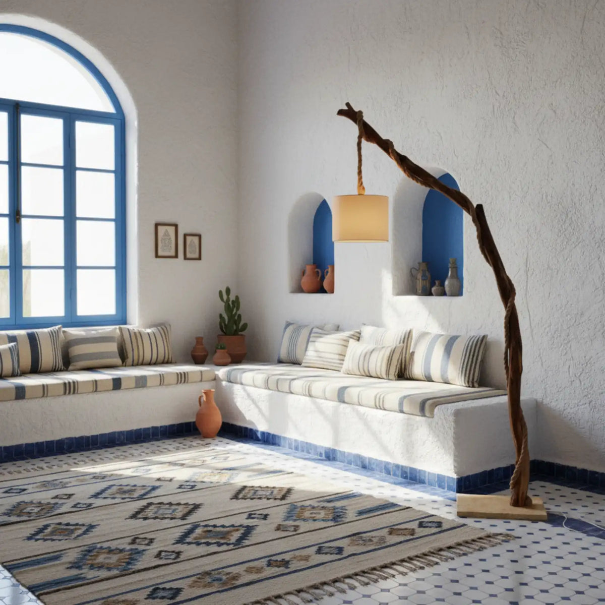 Lampadaire arc en tronc d'arbre dans un salon blanc et bleu, près d'une banquette maçonnée aux coussins rayés
