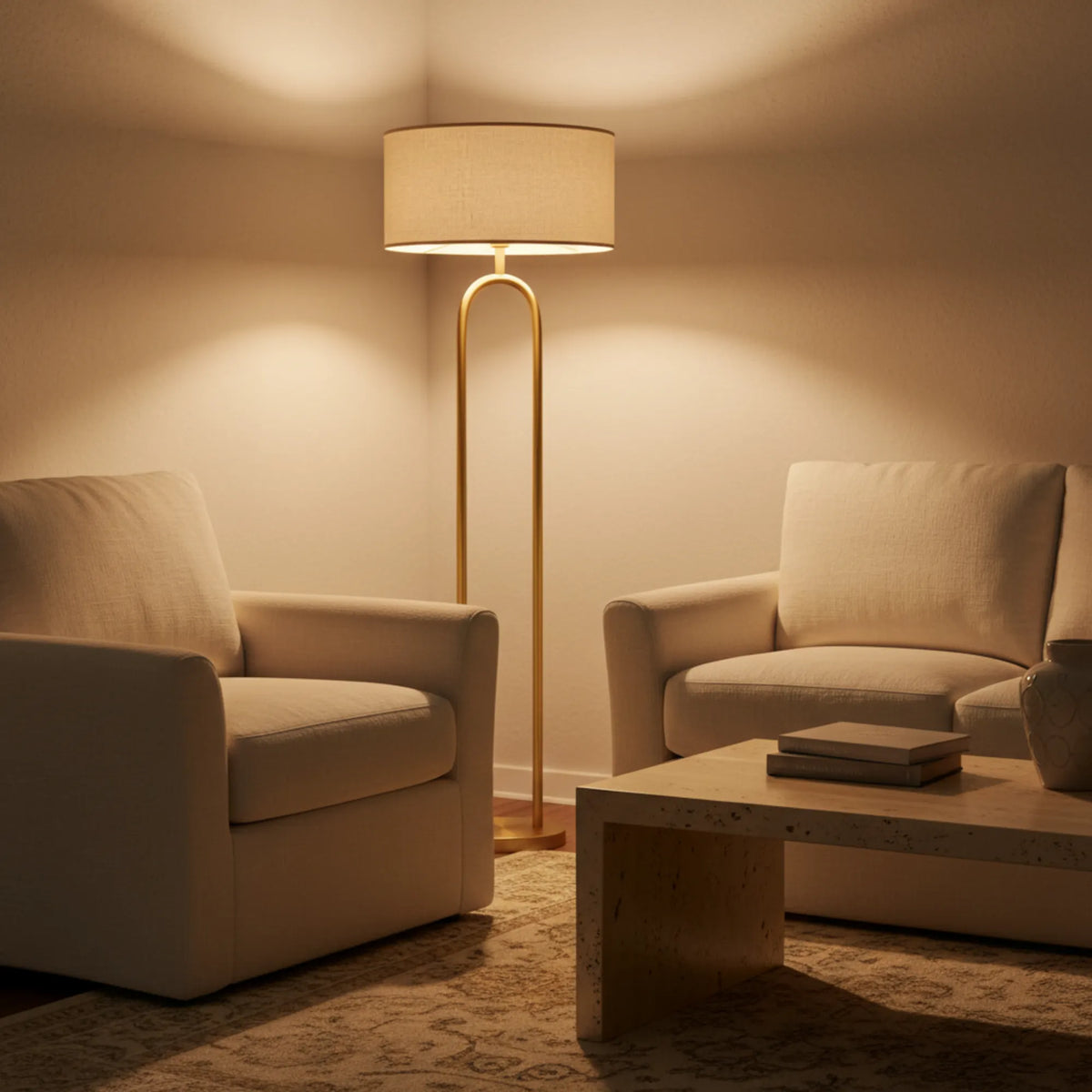 Lampadaire arceau doré allumé entre deux fauteuils beiges et une table basse, lumière chaude du soir