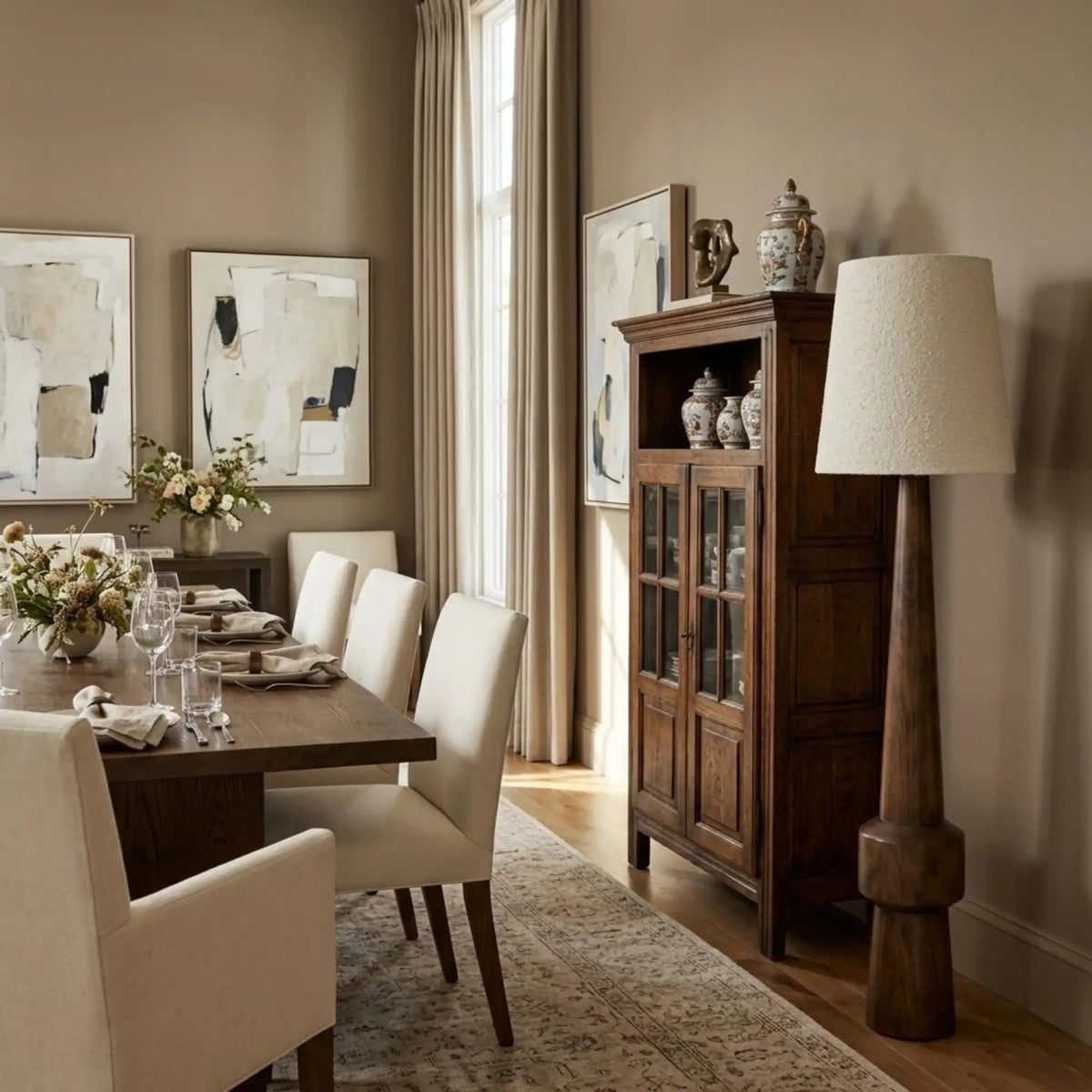 Lampadaire Atlas dans une salle à manger, à côté d'un vaisselier vitré en bois et d'une table entourée de chaises crème