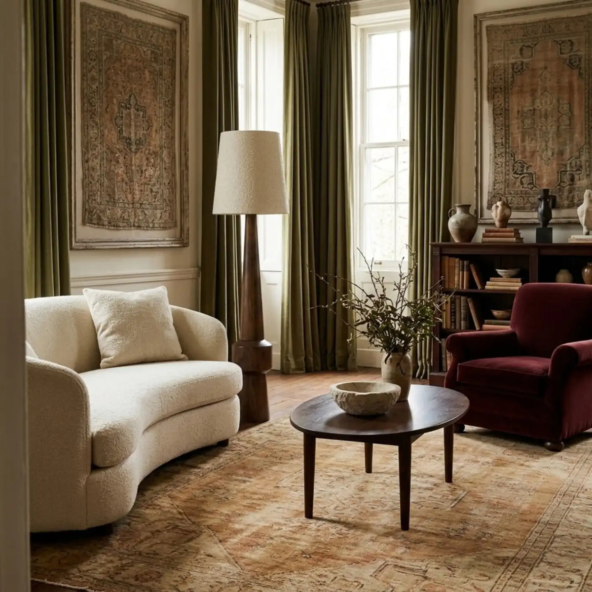 Lampadaire Atlas entre un canapé courbe en bouclette crème et un fauteuil en velours bordeaux, rideaux vert olive et tapisseries murales