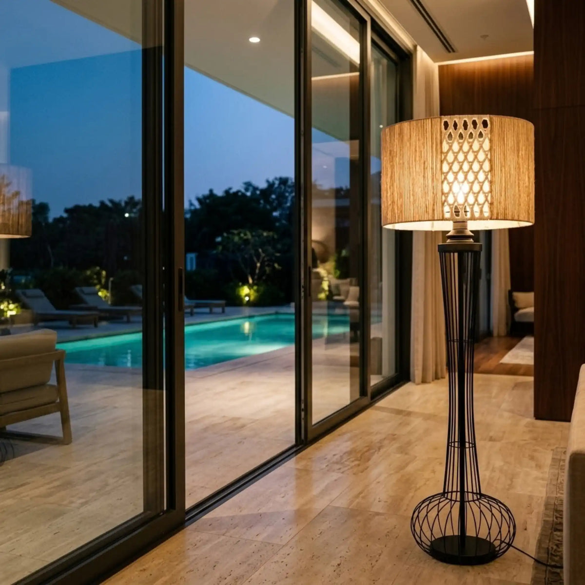 Lampadaire bohème en jute allumé devant une baie vitrée donnant sur la piscine en soirée