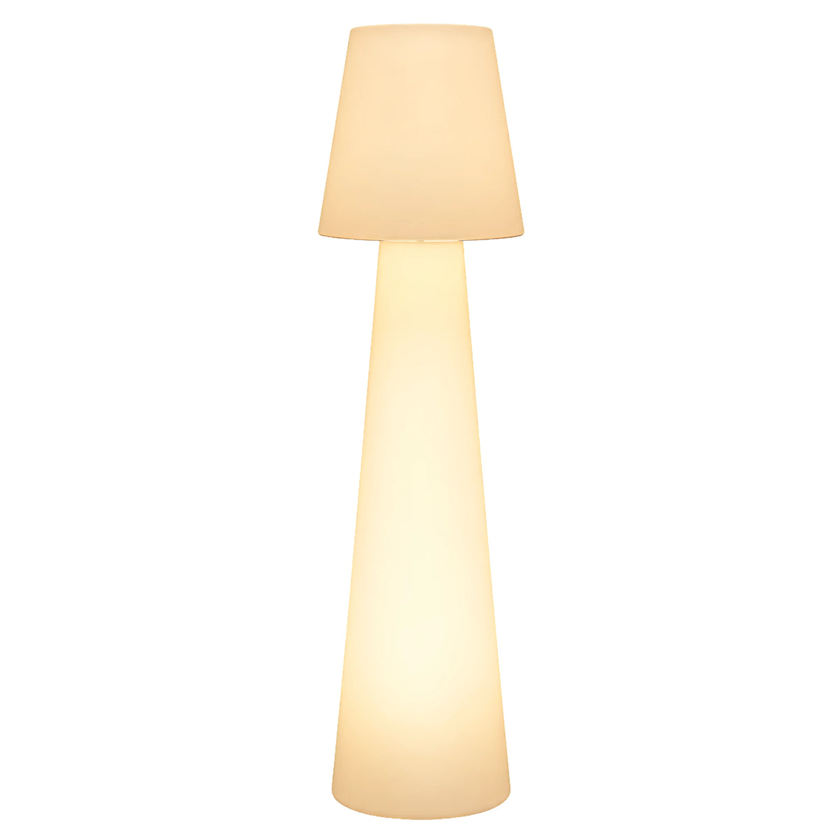 Lampadaire sans fil rechargeable blanc lumineux 120 cm avec abat-jour conique, sur fond blanc