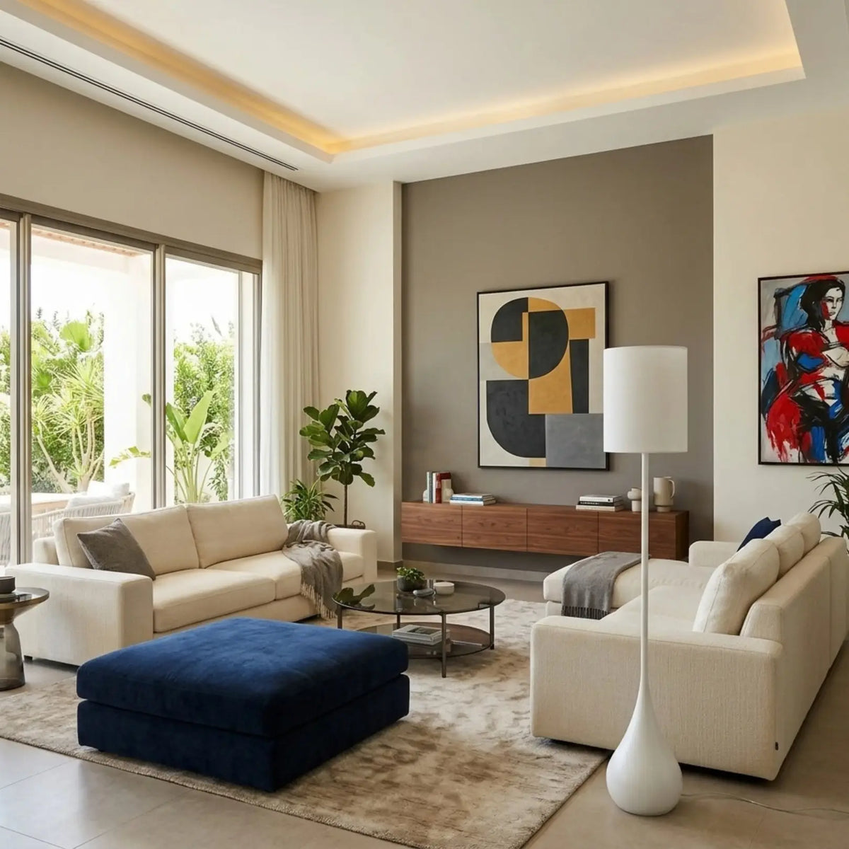 Lampadaire design blanc dans un salon lumineux avec canapés crème, pouf bleu marine et tableaux colorés