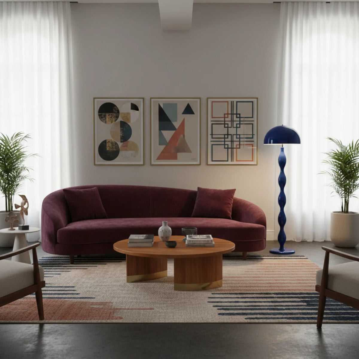 Lampadaire bleu à côté d'un canapé arrondi en velours prune, dans un salon moderne avec tableaux géométriques