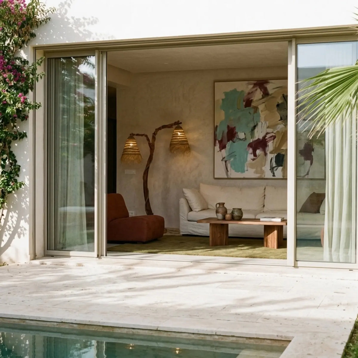 Lampadaire en bois flotté à deux abat-jour dans un salon, vu depuis la terrasse et la piscine à travers une baie vitrée ouverte