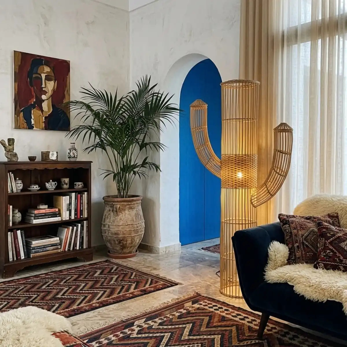 Lampadaire cactus en rotin allumé près d'un canapé bleu nuit, d'un tapis kilim et d'une porte arrondie bleue