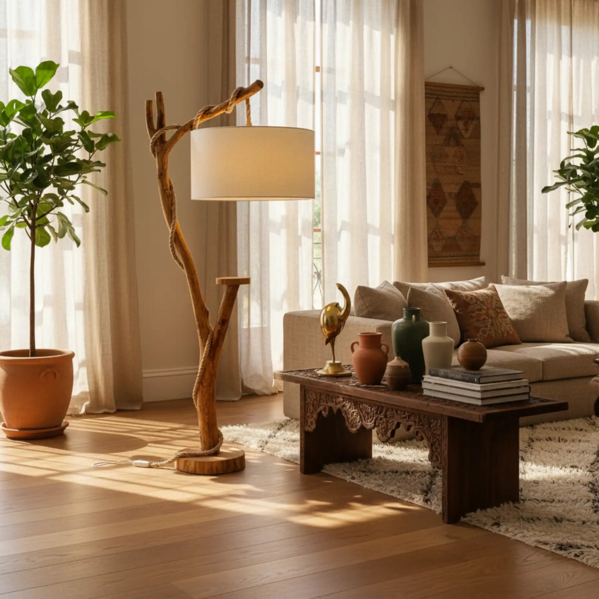 Lampadaire bohème en bois naturel dans un salon lumineux, près d'une table basse sculptée et d'une plante en pot en terre cuite
