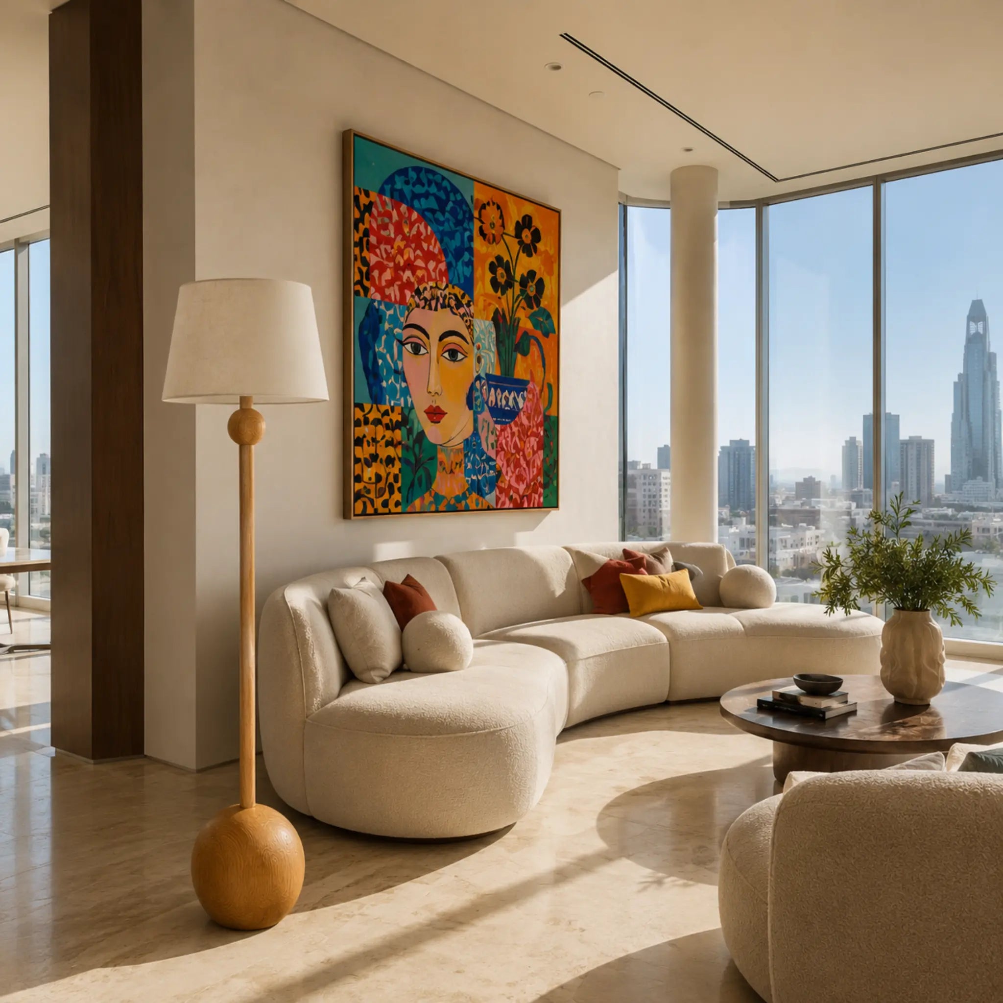 Lampadaire scandinave en bois boule dans un appartement moderne de luxe avec canapé arrondi et vue panoramique, Tunisie