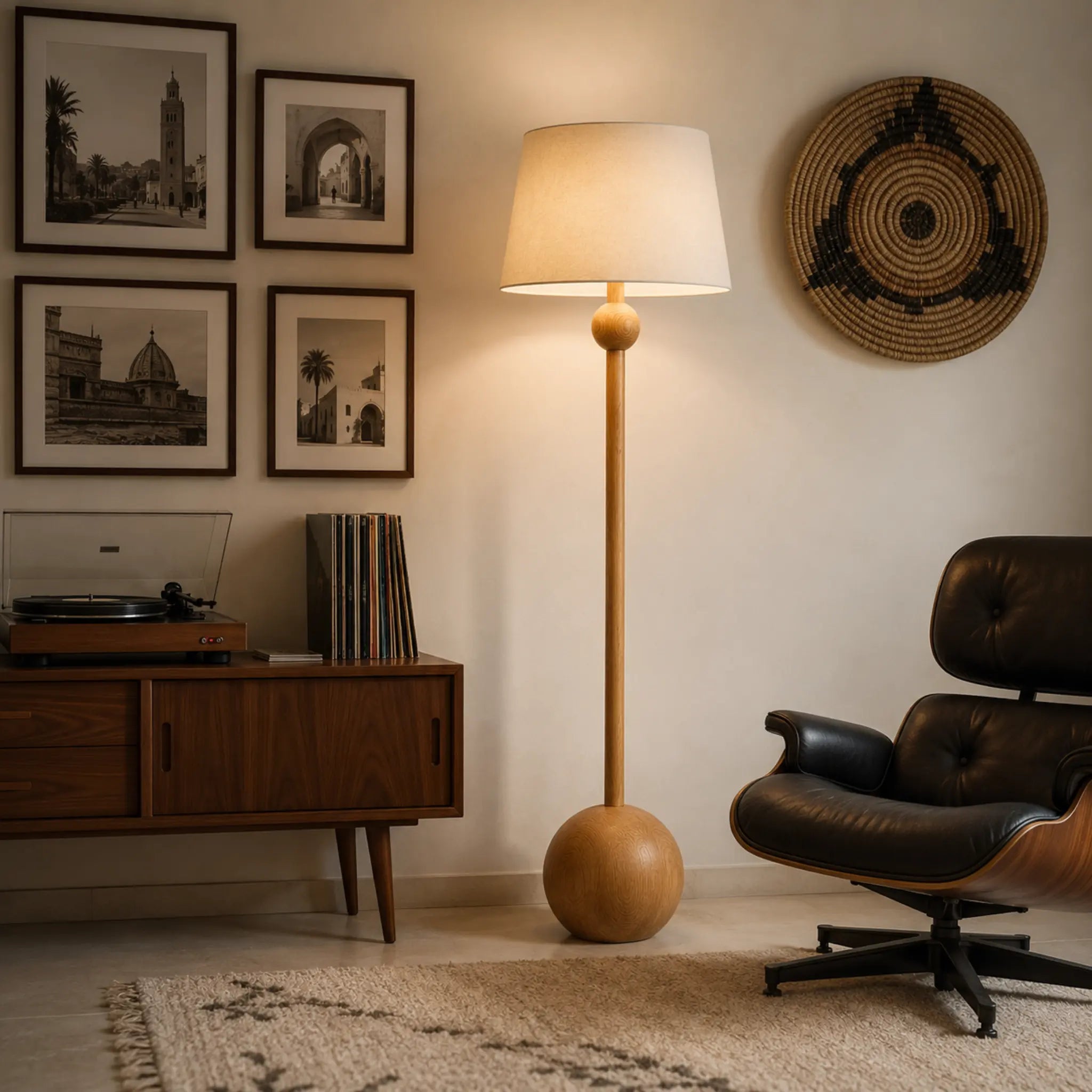 Lampadaire en bois à base boule style mid-century avec fauteuil lounge et vinyles, ambiance rétro en Tunisie