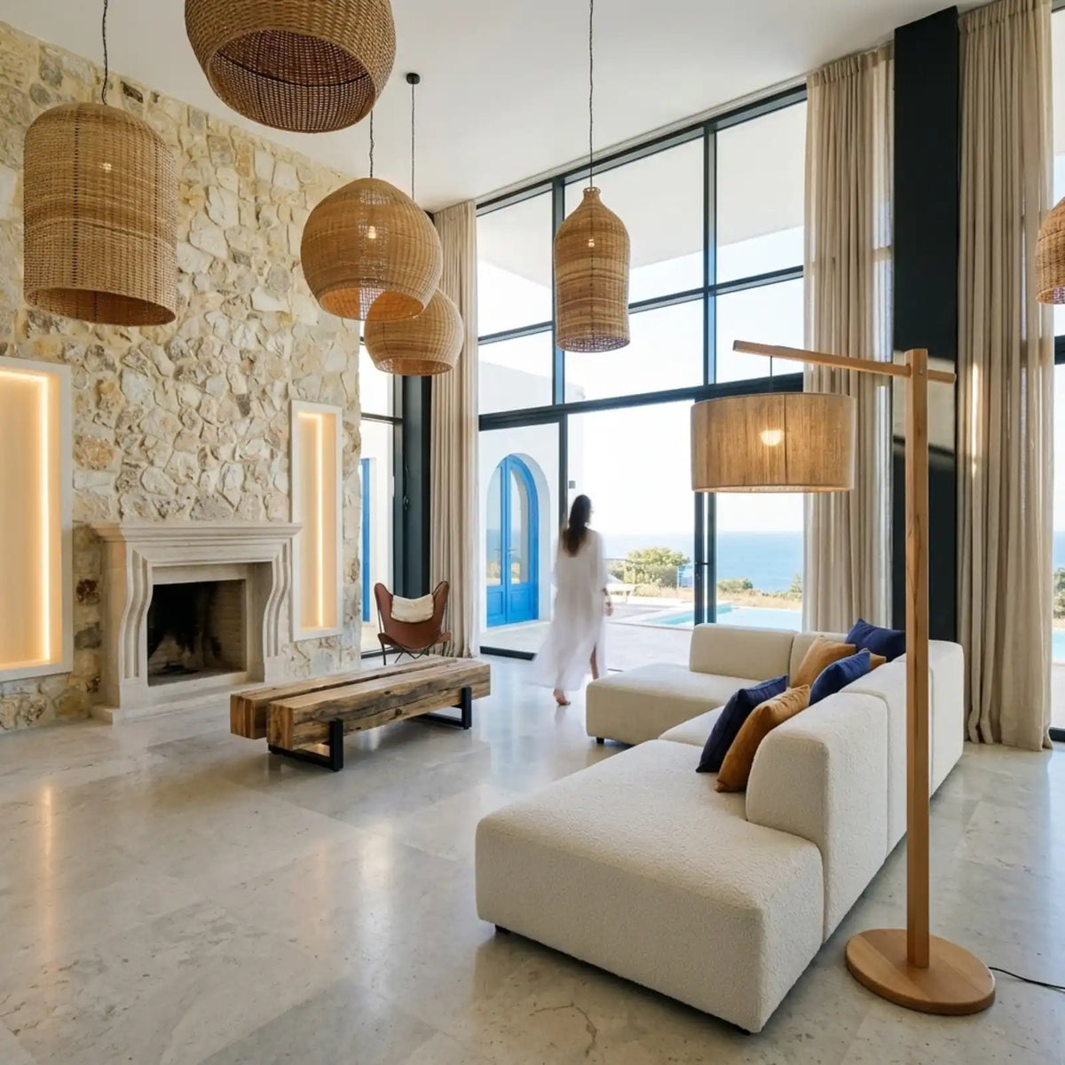 Lampadaire Bois à Bras Déporté – Abat-jour Jute