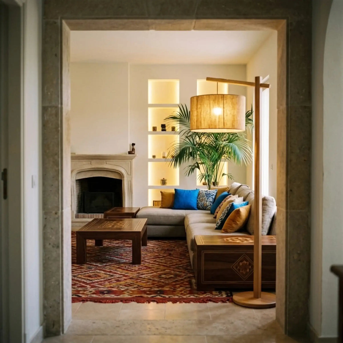 Lampadaire Bois à Bras Déporté – Abat-jour Jute