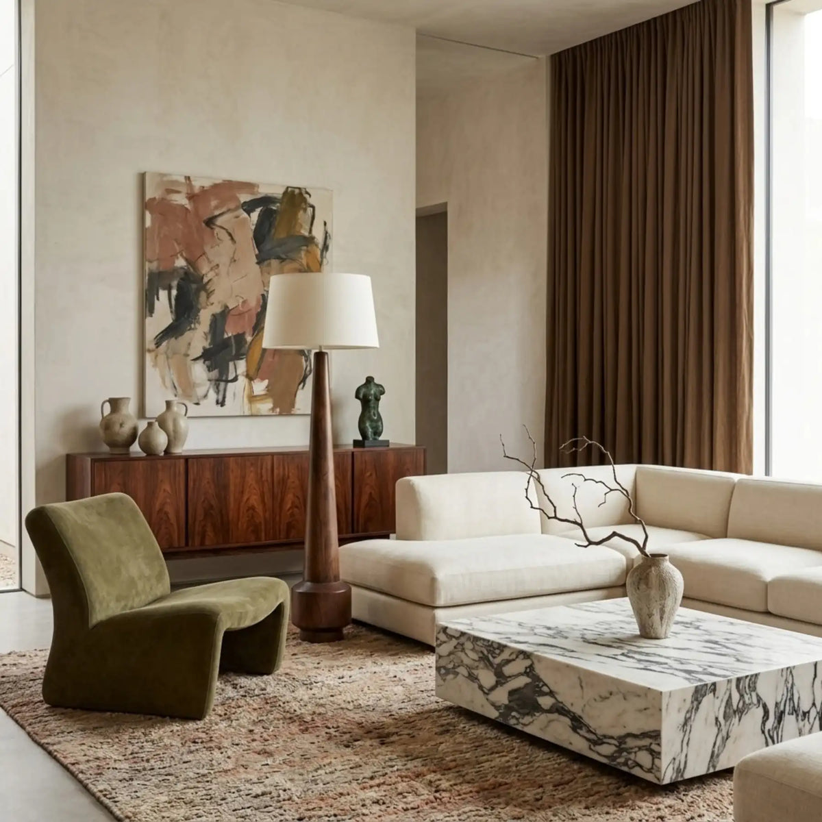 Lampadaire en bois tourné derrière un canapé d'angle blanc, fauteuil vert olive et table basse en marbre veinée