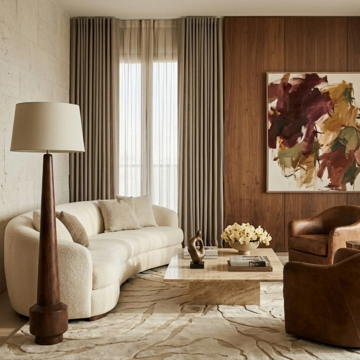 Lampadaire en bois tourné à côté d'un canapé courbe crème, dans un salon aux rideaux taupe et mur habillé de bois