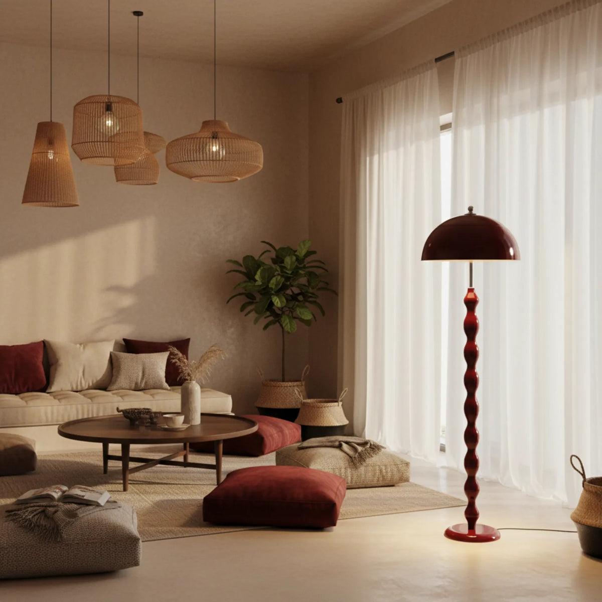 Lampadaire bordeaux allumé dans un salon cosy avec suspensions en rotin et coussins de sol