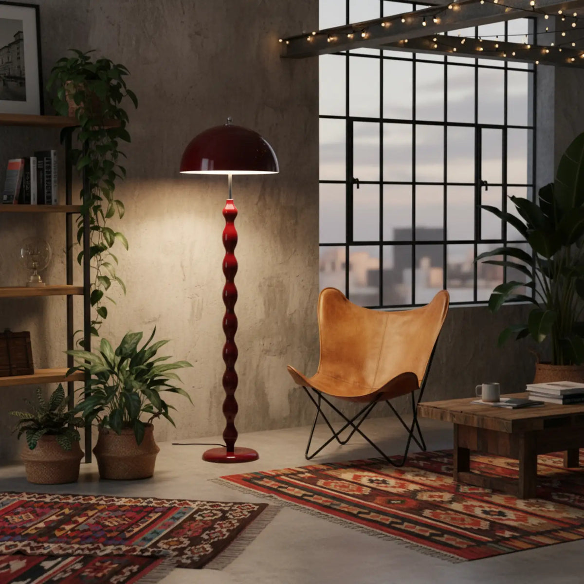 Lampadaire bordeaux allumé dans un loft industriel, près d'un fauteuil en cuir et de tapis kilim