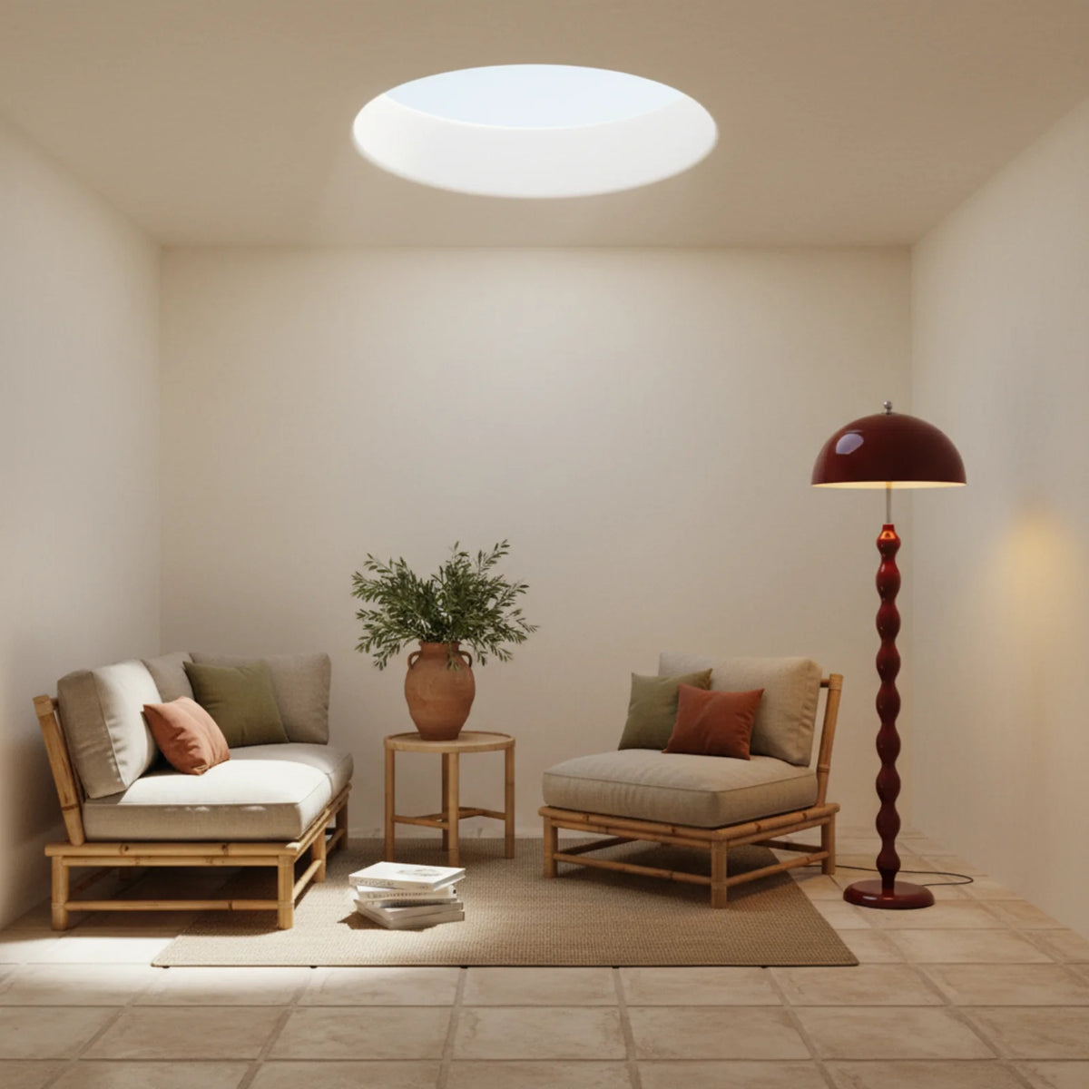 Lampadaire bordeaux allumé à côté d'un fauteuil en bambou dans un petit salon épuré