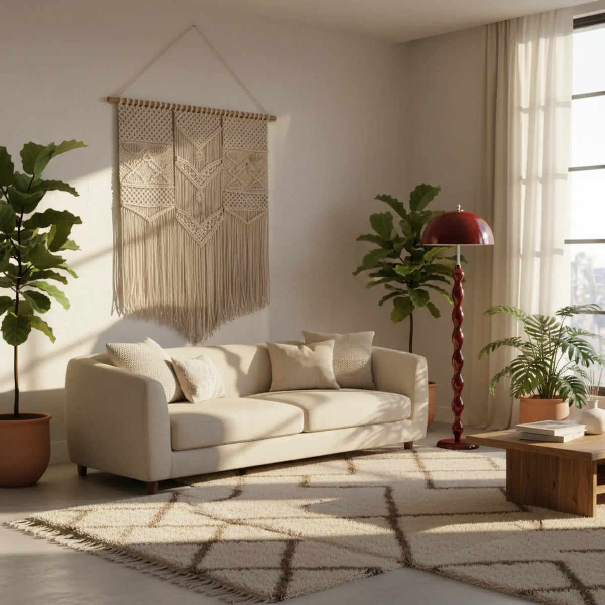 Lampadaire bordeaux près d'un canapé beige, sous une tenture en macramé, dans un salon lumineux