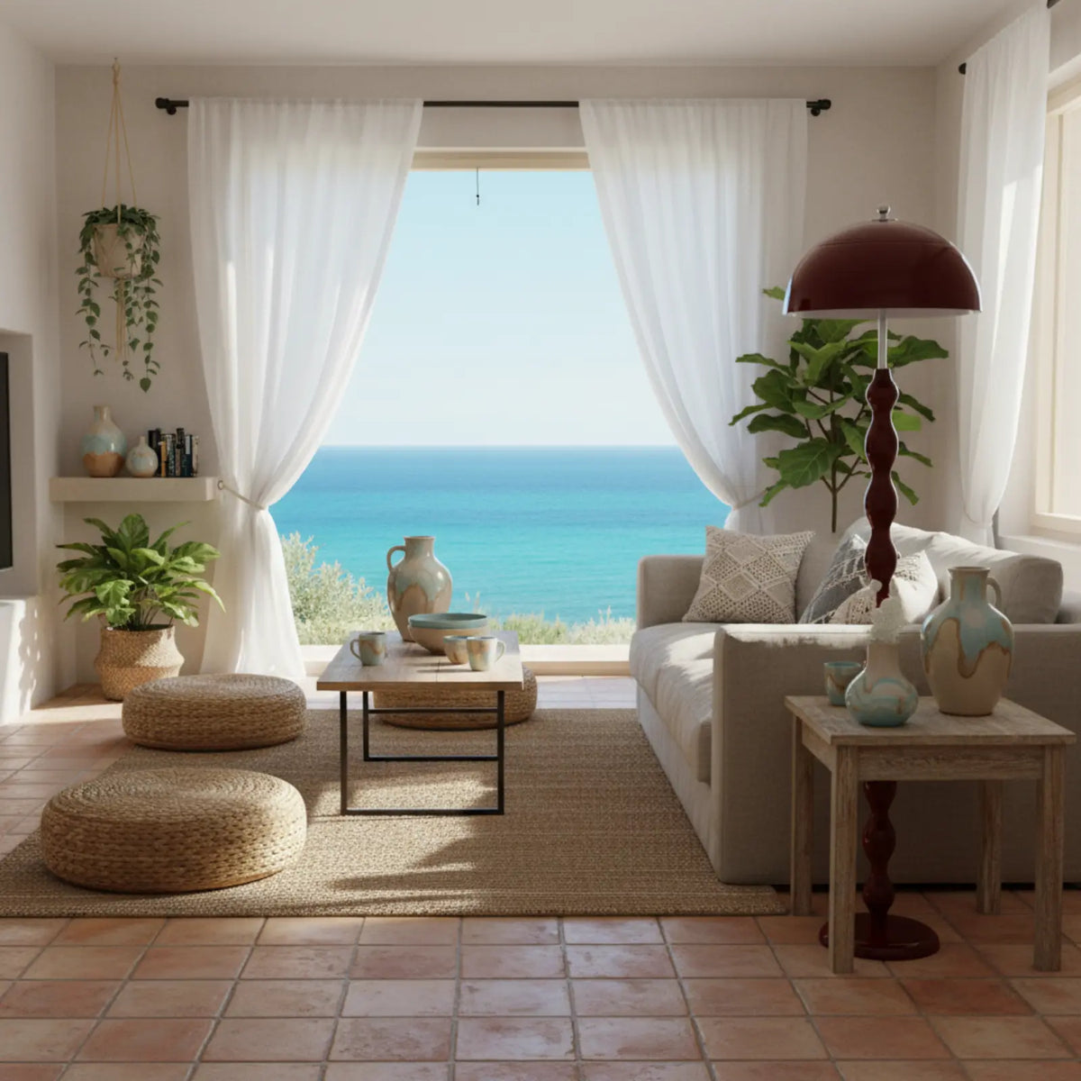 Lampadaire bordeaux près d'un canapé beige dans un salon lumineux avec vue sur la mer