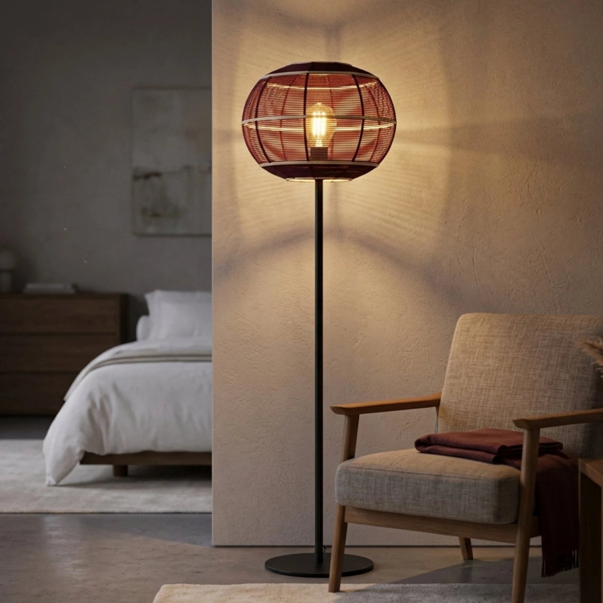 Lampadaire boule fil coton bordeaux ambiance cosy lumière douce Tunisie