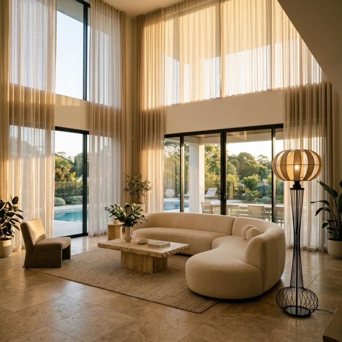 Lampadaire boule en jute et métal noir à côté d'un canapé arrondi crème, dans un salon lumineux ouvert sur la piscine