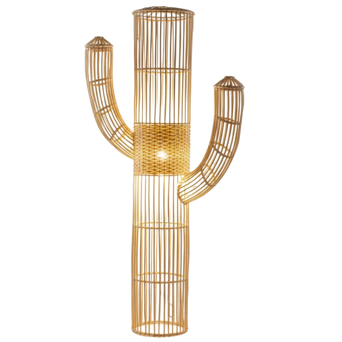 Lampadaire cactus en rotin naturel à deux bras, structure ajourée et bande tressée centrale, fond blanc