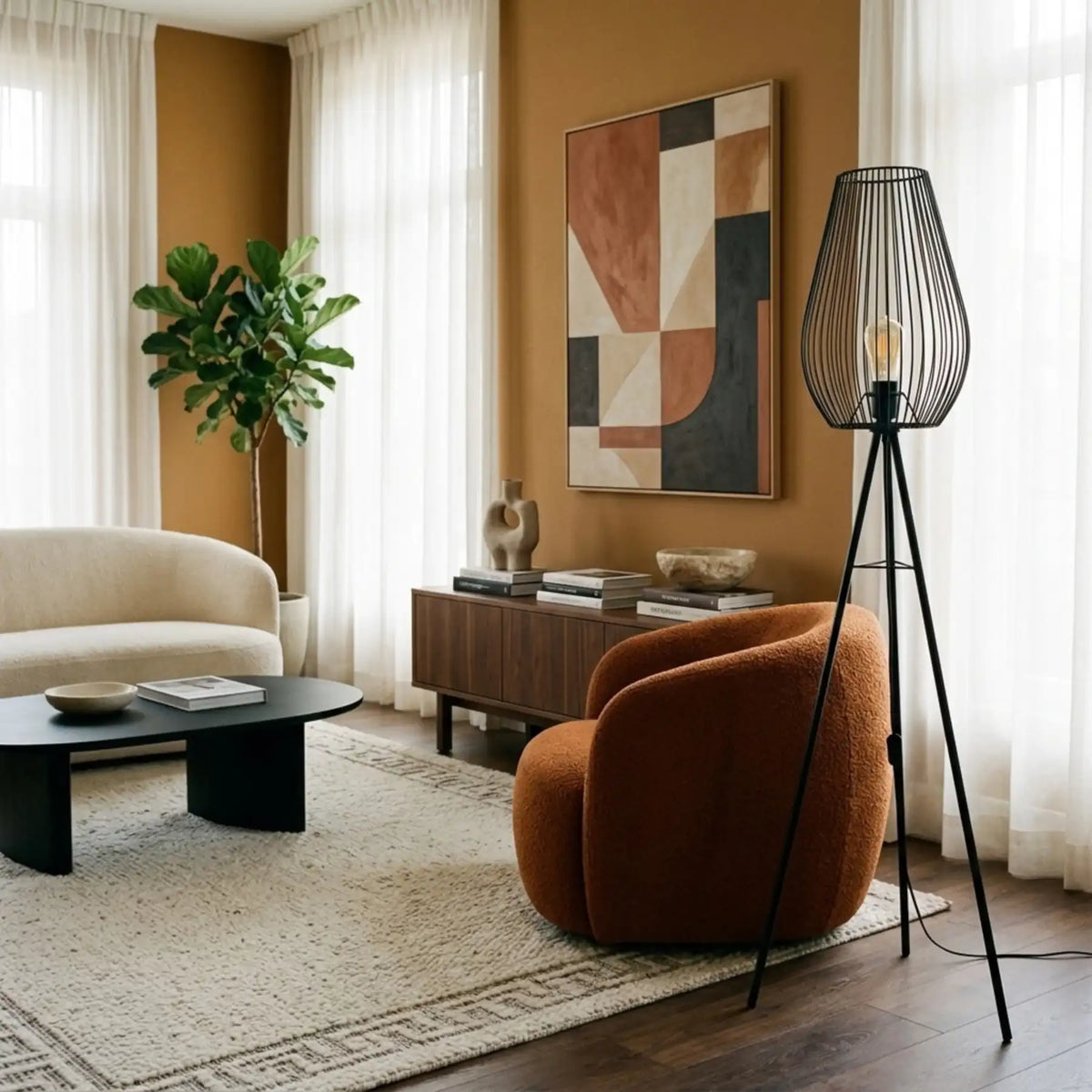 Lampadaire cage goutte derrière un fauteuil arrondi rouille dans un salon aux murs ocre avec tableau géométrique