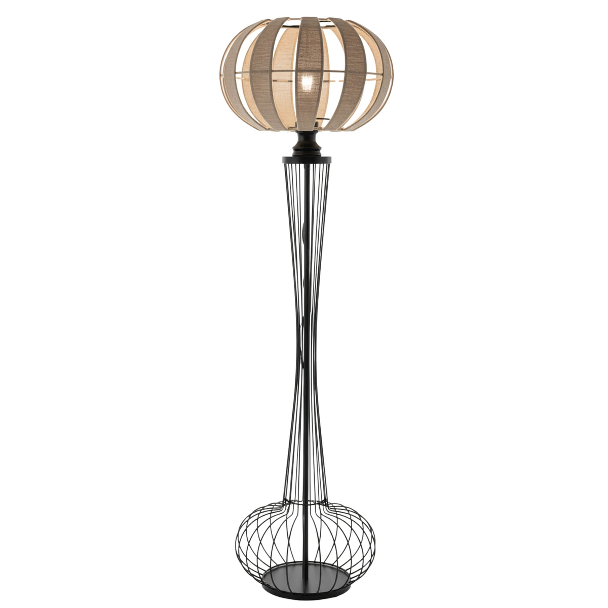Lampadaire design en métal noir filaire à pied en cage et abat-jour boule en jute tressé, fond blanc