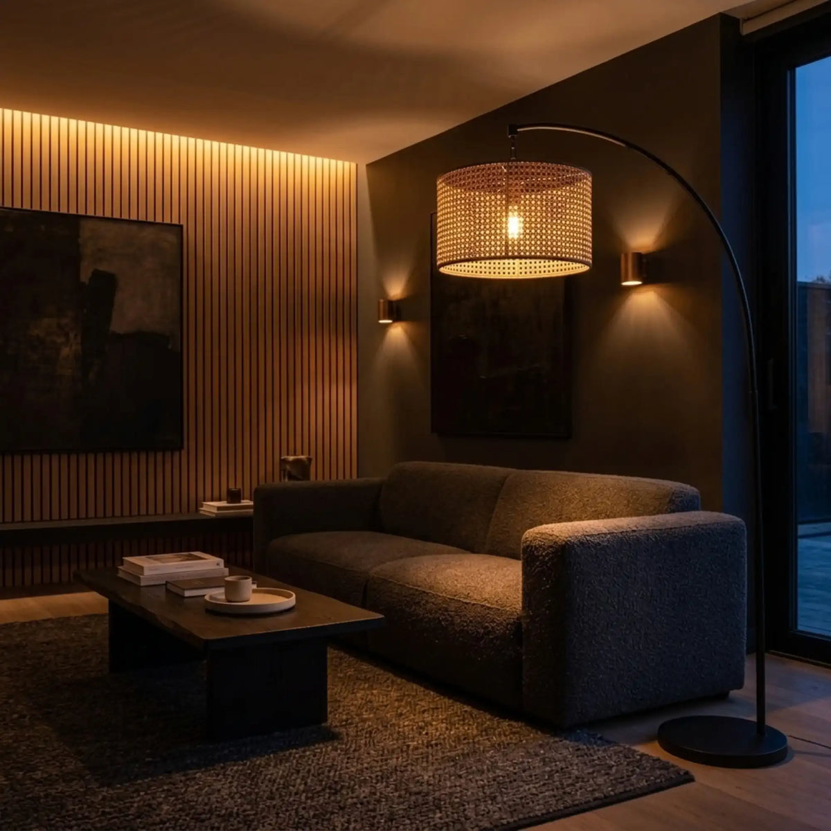 Lampadaire Arc Rotin & Métal Noir – Abat-jour Cannage