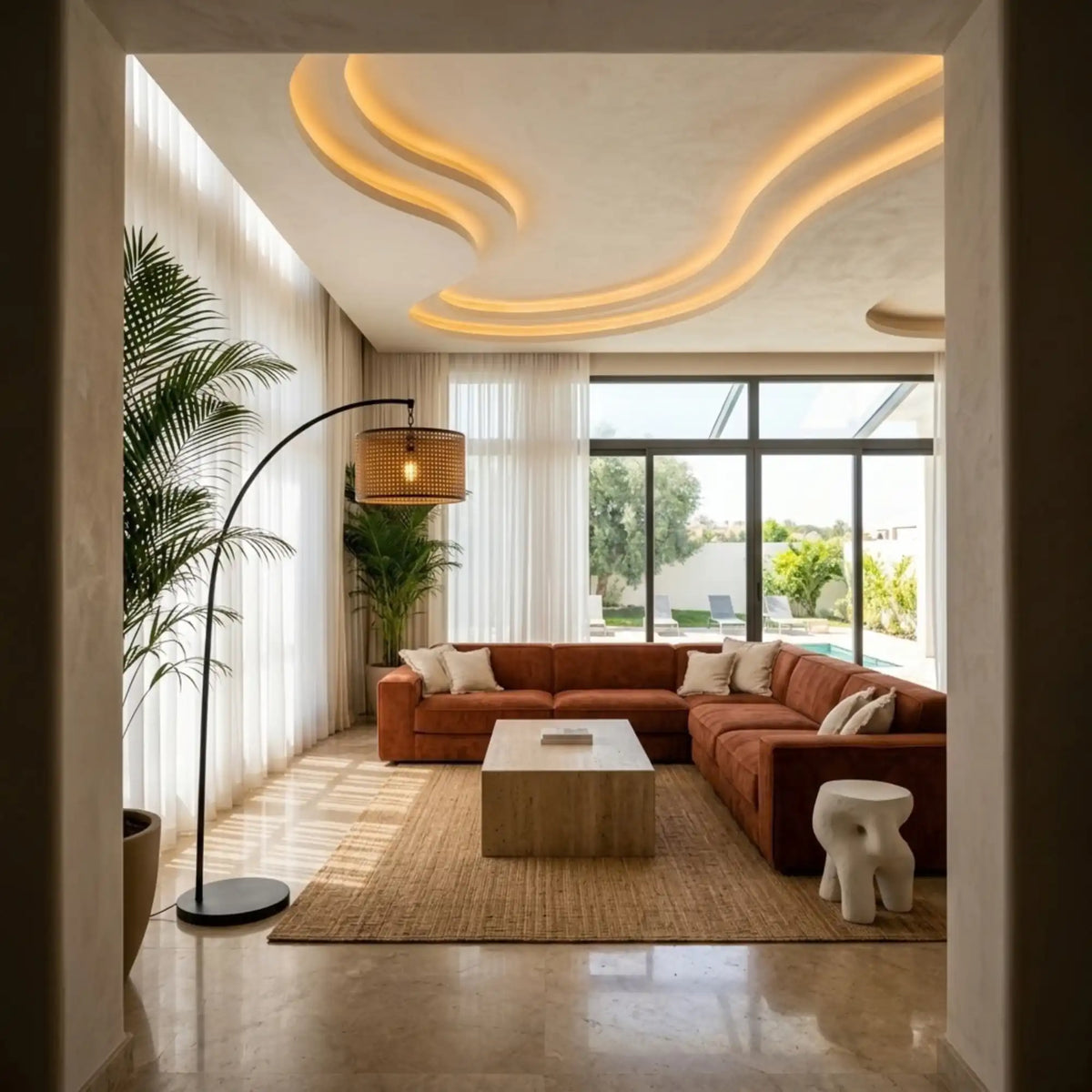 Lampadaire Arc Rotin & Métal Noir – Abat-jour Cannage