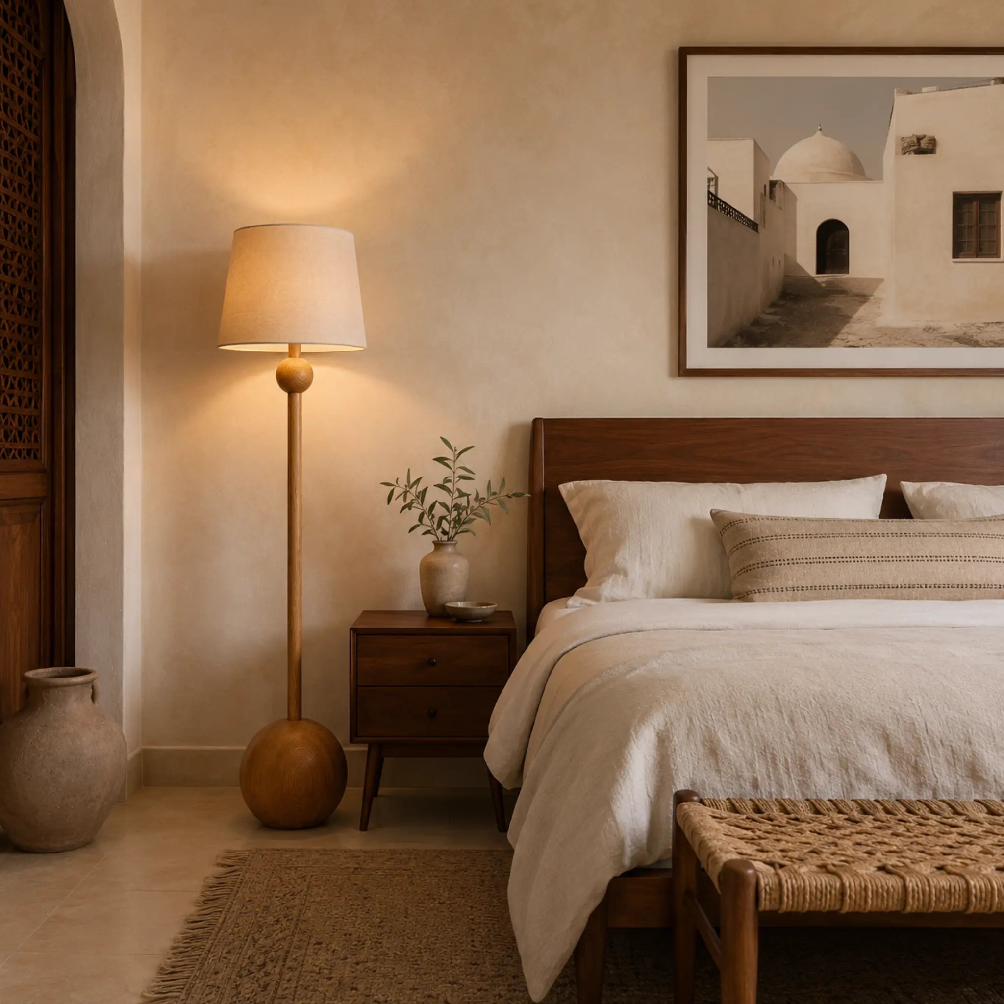 Lampadaire en bois boule diffusant une lumière douce dans une chambre à coucher élégante, éclairage chevet Tunisie
