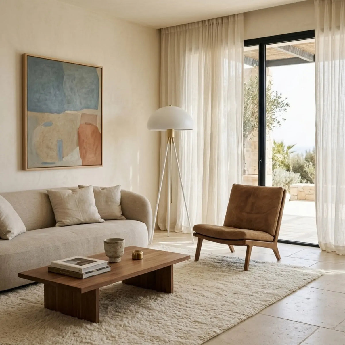 Lampadaire champignon blanc entre un canapé crème et une chaise en cuir, dans un salon lumineux aux voilages clairs