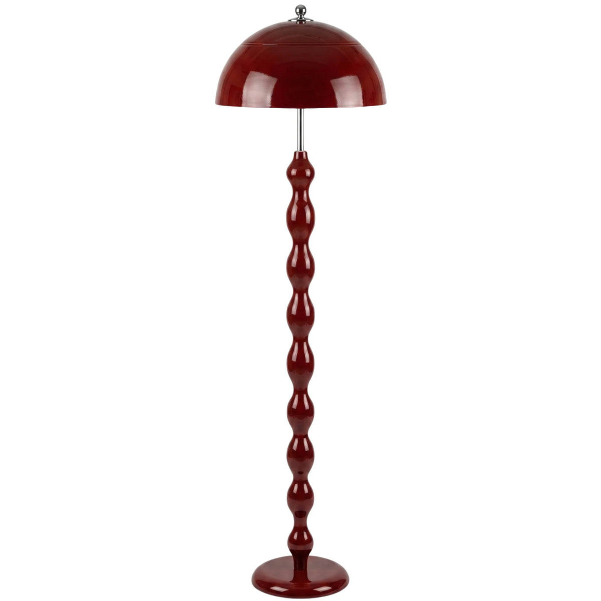 Lampadaire champignon bordeaux laqué, pied ondulé et abat-jour dôme, sur fond blanc