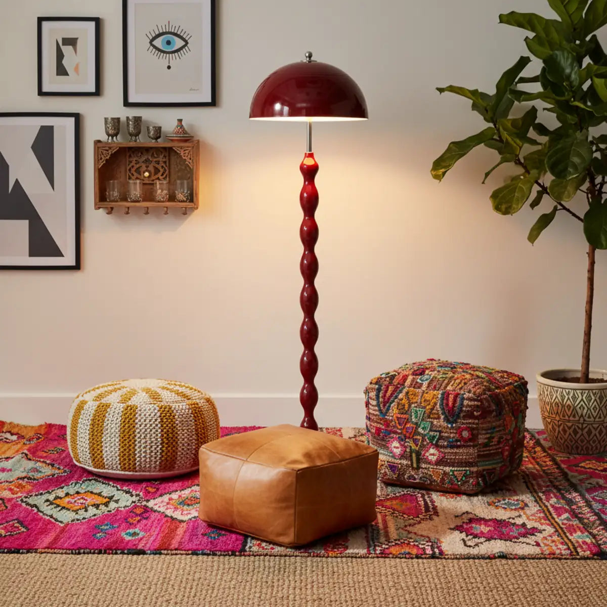 Lampadaire champignon bordeaux allumé entre des poufs, sur un tapis berbère coloré