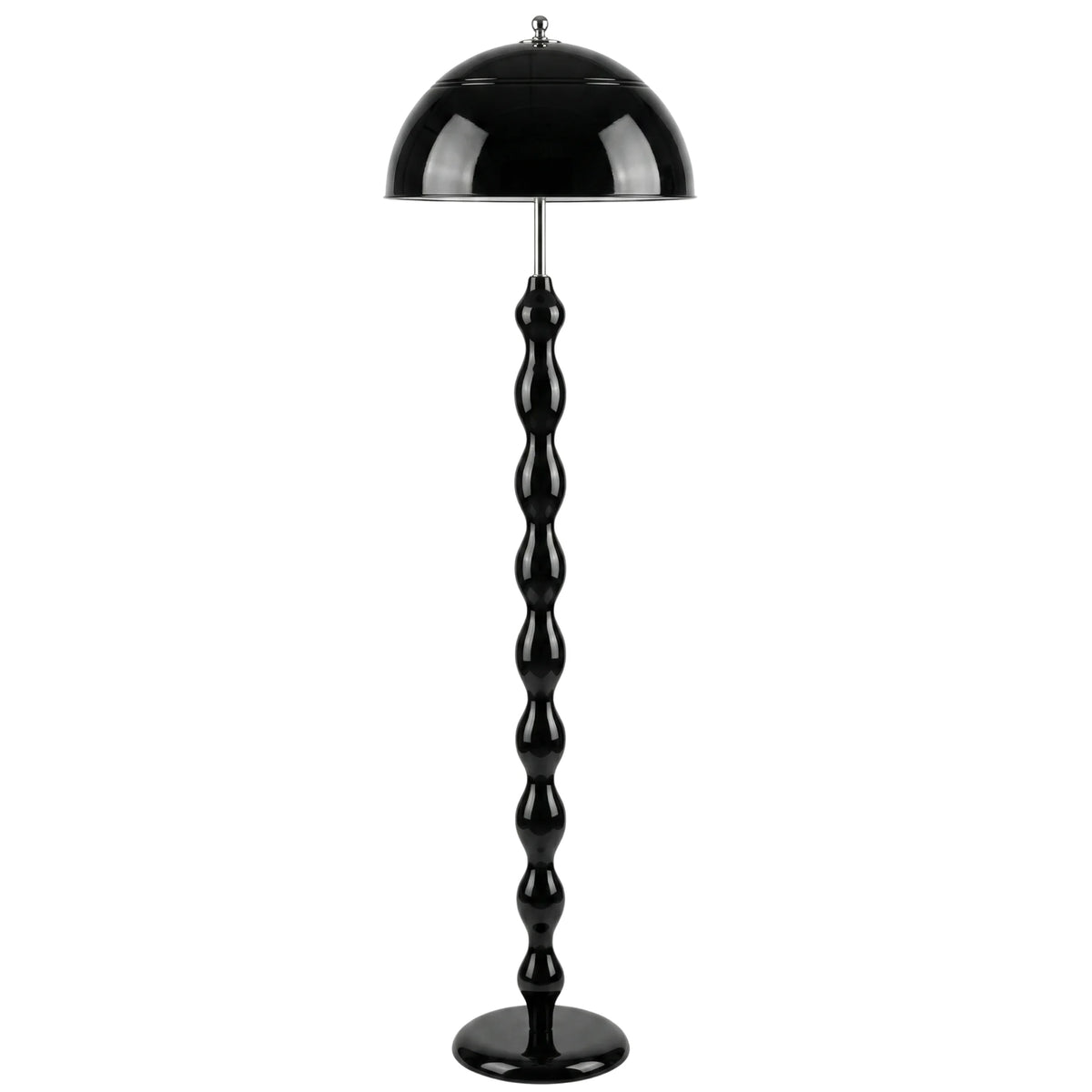 Lampadaire champignon noir laqué, pied ondulé et abat-jour dôme, sur fond blanc