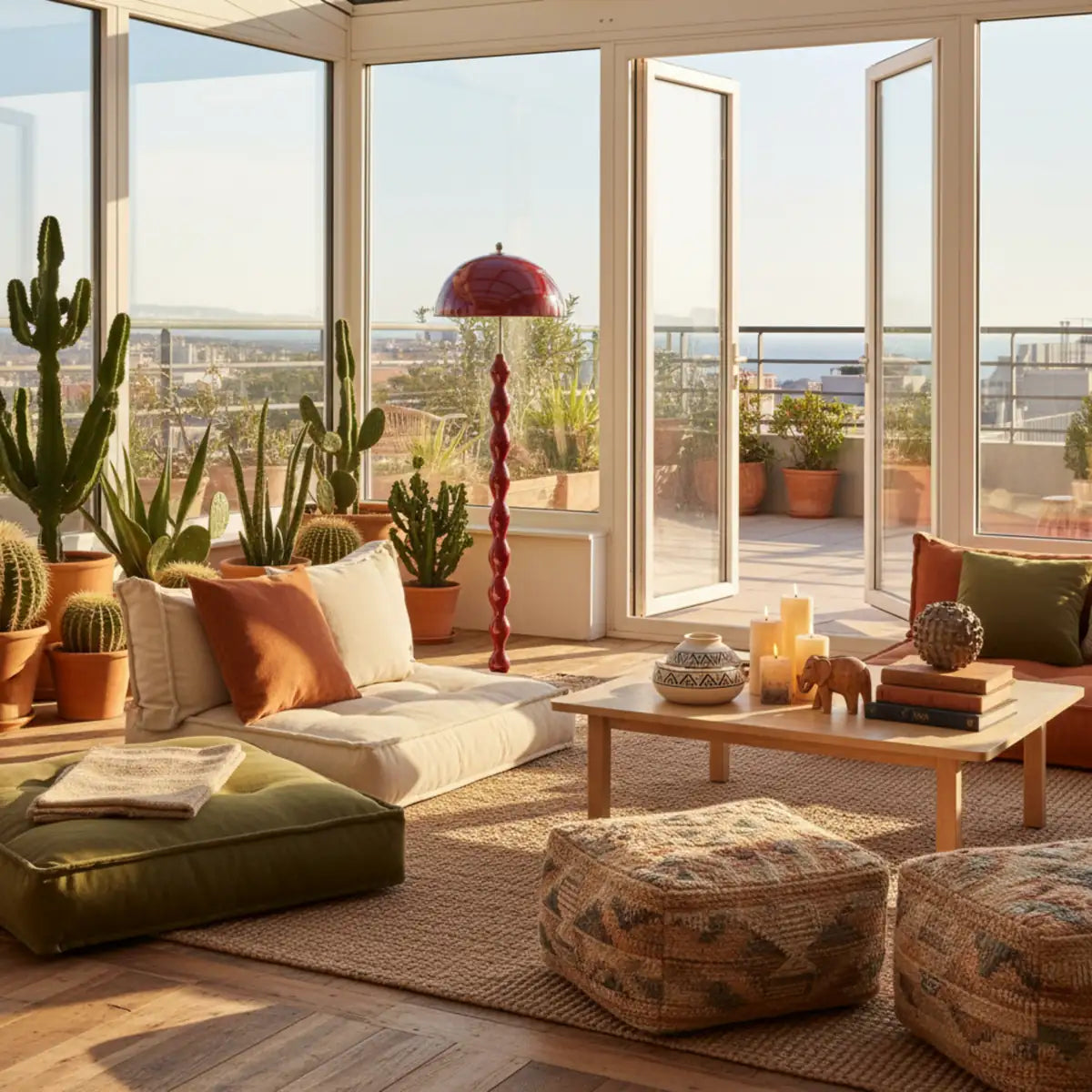 Lampadaire champignon rouge dans une véranda lumineuse avec cactus, coussins de sol et poufs