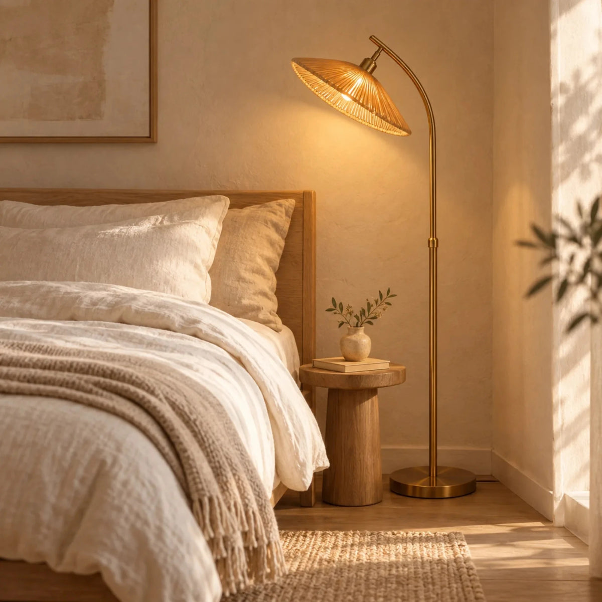 Lampadaire doré à abat-jour jute près d'un lit en lin blanc dans une chambre aux tons naturels