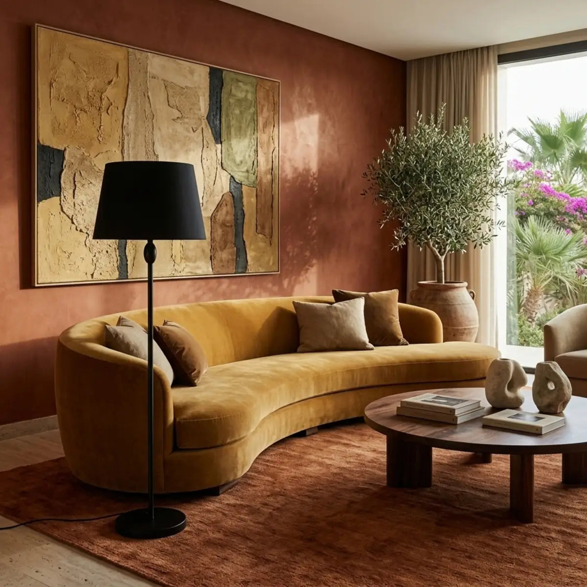 Lampadaire classique noir à côté d'un canapé arrondi en velours moutarde, mur terracotta et tapis rouge