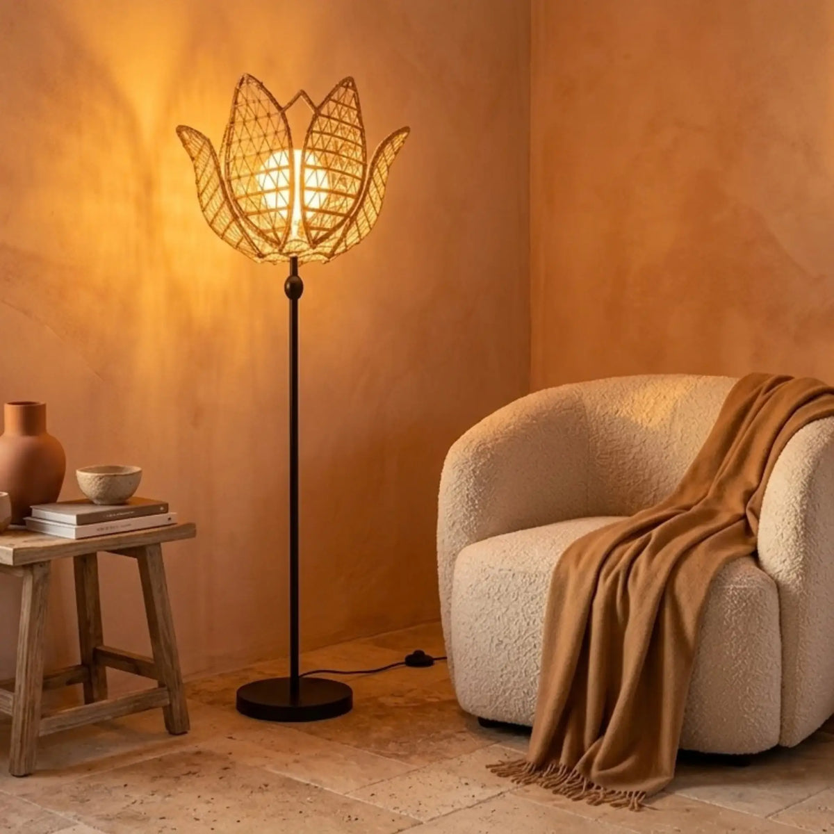 Lampadaire fleur allumé dans un coin détente aux murs terracotta, près d'un fauteuil bouclette
