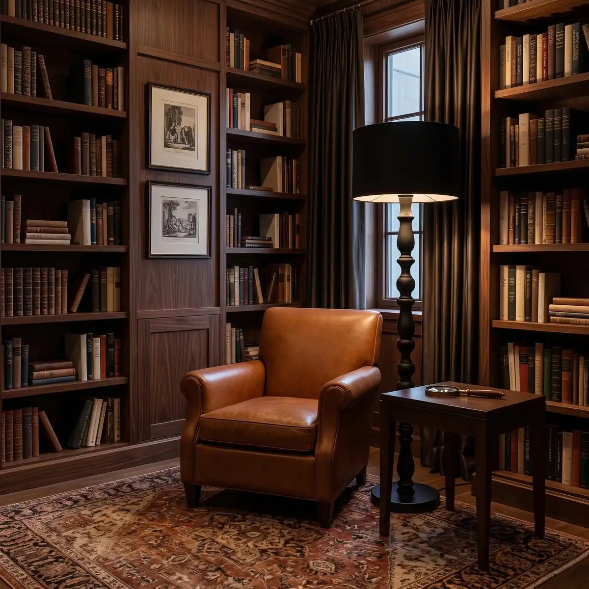 Lampadaire allumé dans un coin lecture de bibliothèque en bois avec fauteuil en cuir