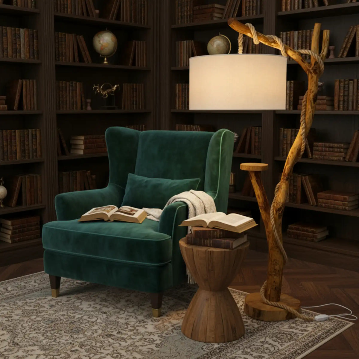 Lampadaire de lecture en bois et abat-jour tissu près d'un fauteuil à oreilles en velours vert et d'une bibliothèque