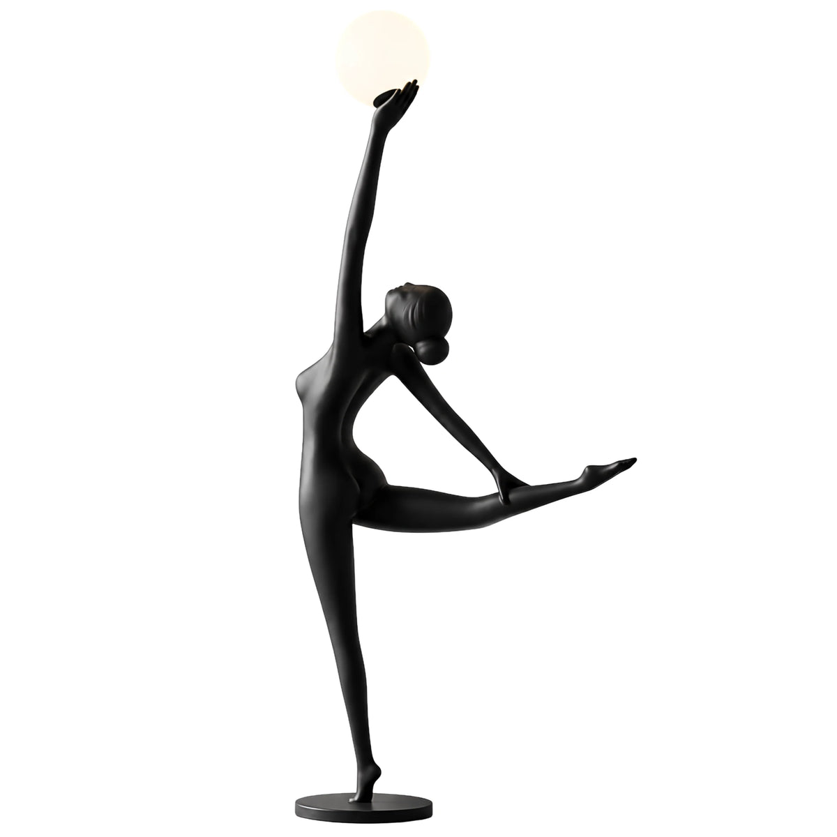 Lampadaire danseuse noir tenant une boule lumineuse blanche, sur fond blanc