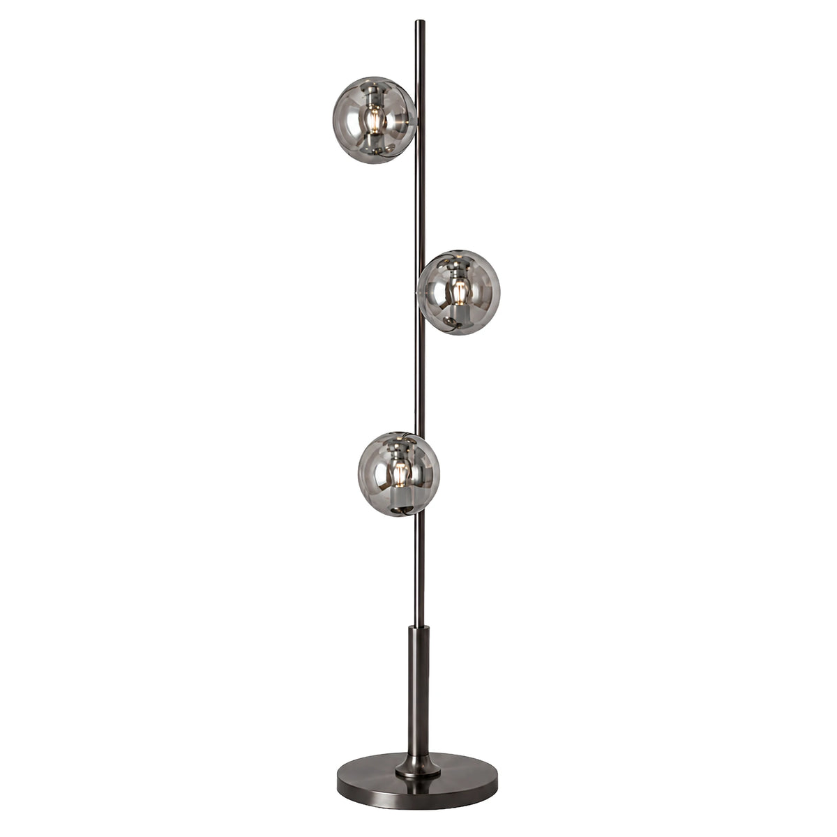 Lampadaire design à 3 globes en verre fumé avec pied rond en métal sur fond blanc