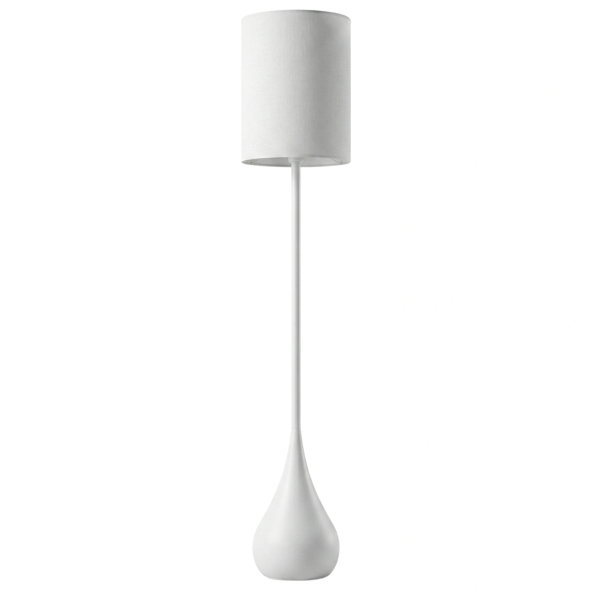 Lampadaire design blanc Goutte au pied incurvé et abat-jour cylindrique en tissu, sur fond blanc