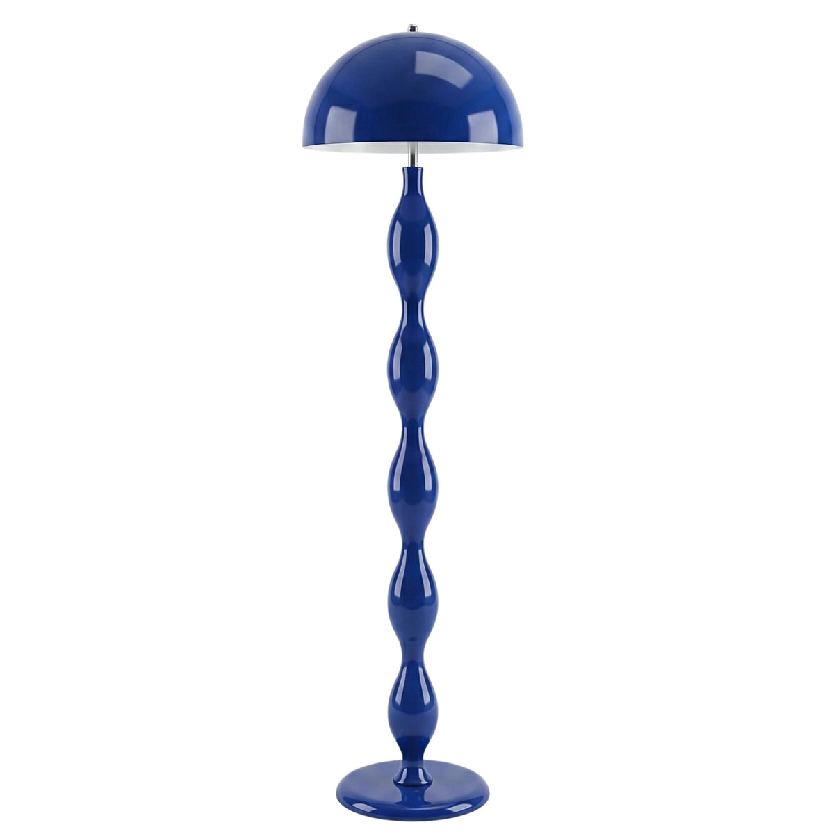 Lampadaire design bleu à abat-jour champignon et pied ondulé, sur fond blanc