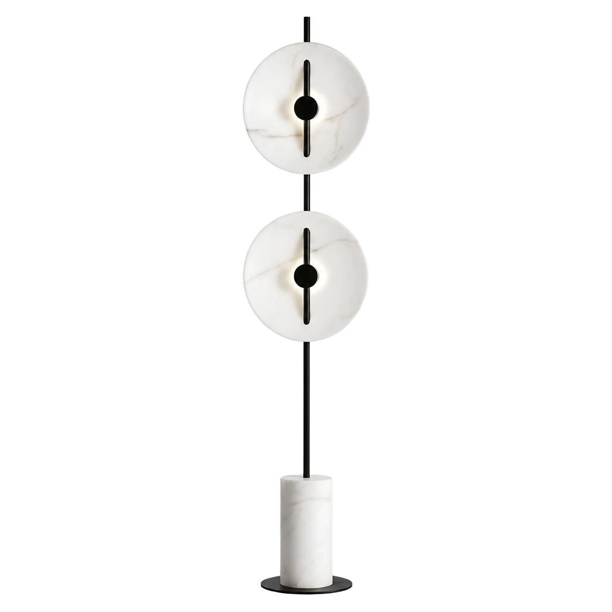 Lampadaire design à deux disques effet marbre blanc, tige noire et pied cylindre en marbre, sur fond blanc