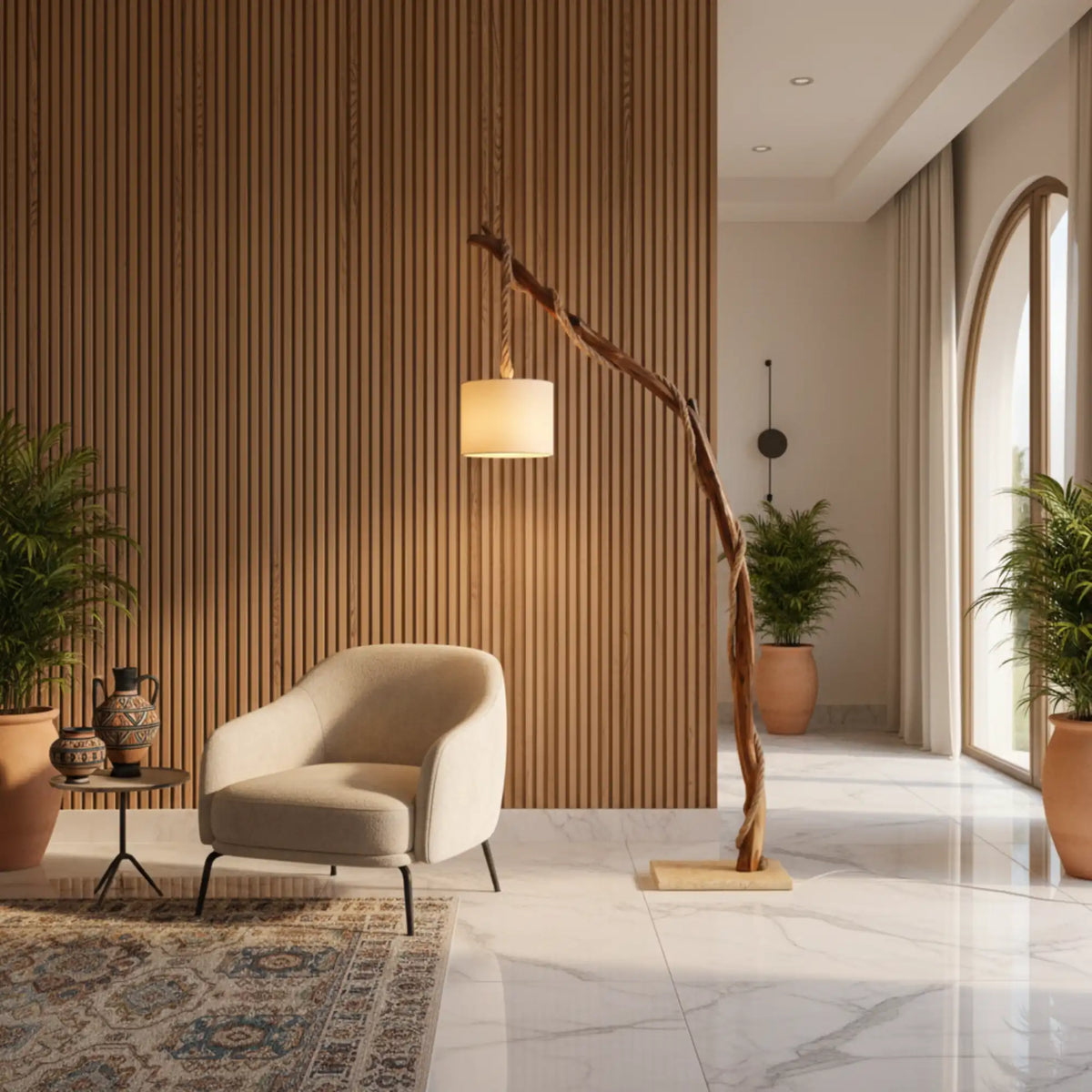 Lampadaire design en bois naturel devant un mur en tasseaux de bois, à côté d'un fauteuil crème et d'un tapis à motifs